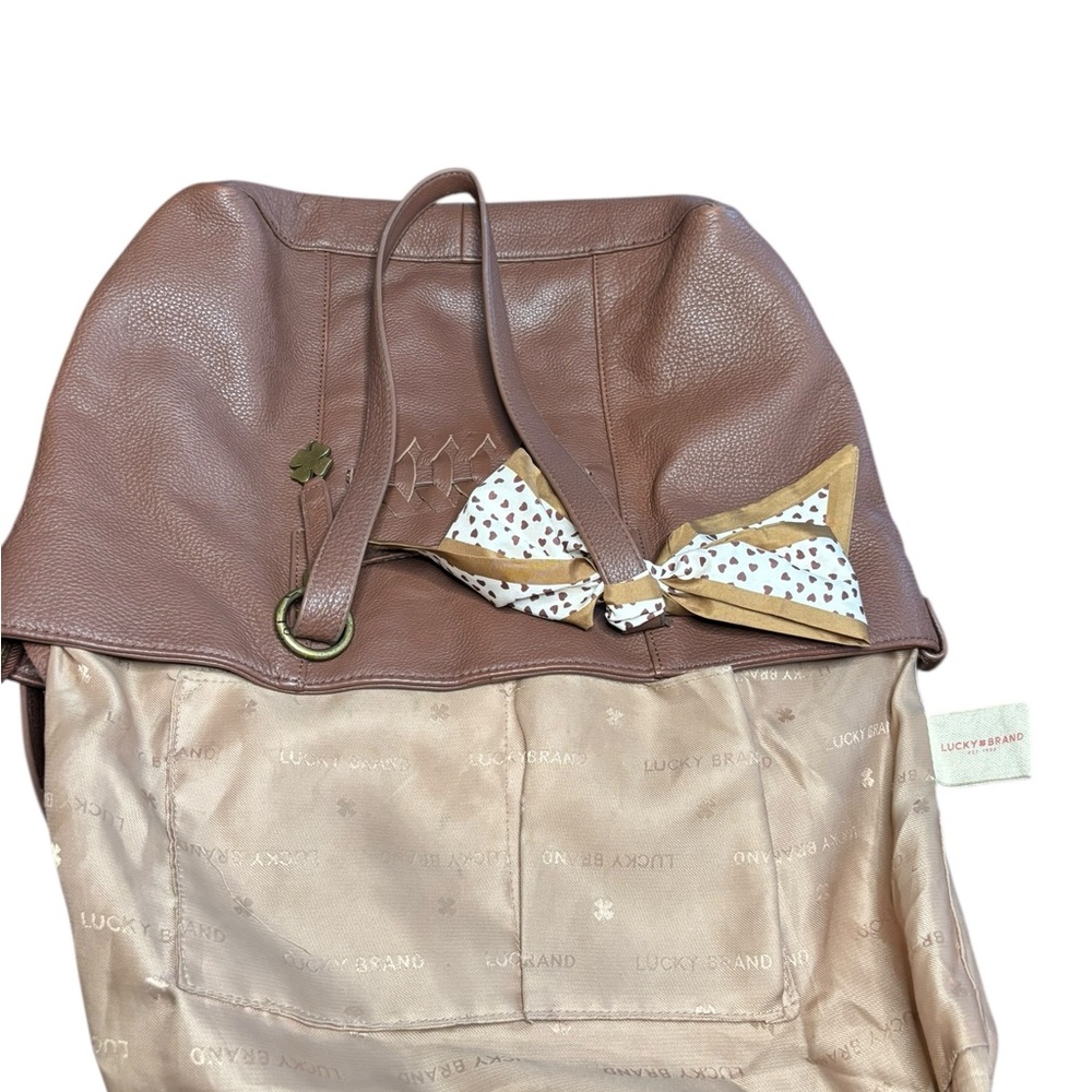 Lucky Brand Brown Leather Tote Bag with Decorative Scarf - Picture 9 of 13